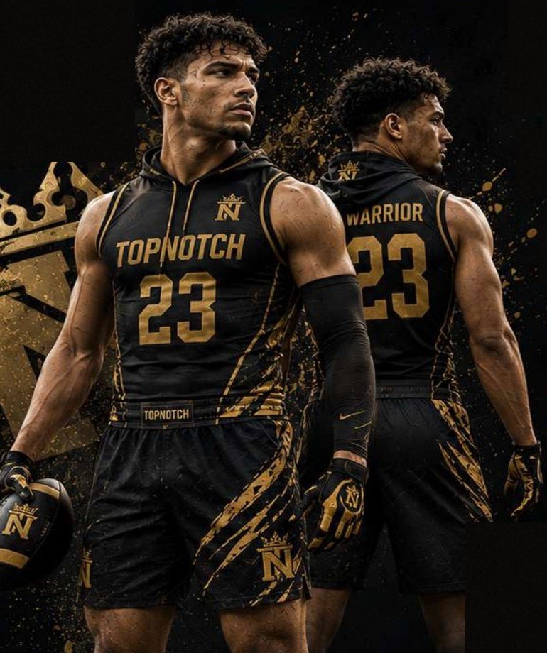 Two players in black and metallic gold Top Notch Sports custom 7v7 uniforms, front and back view